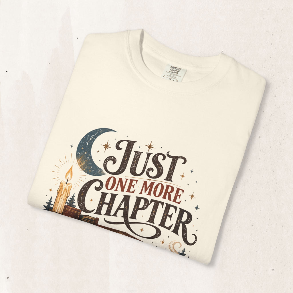 Wicked Thread Society cream graphic tee featuring a Just One More Chapter design with a candle, moon, and books.