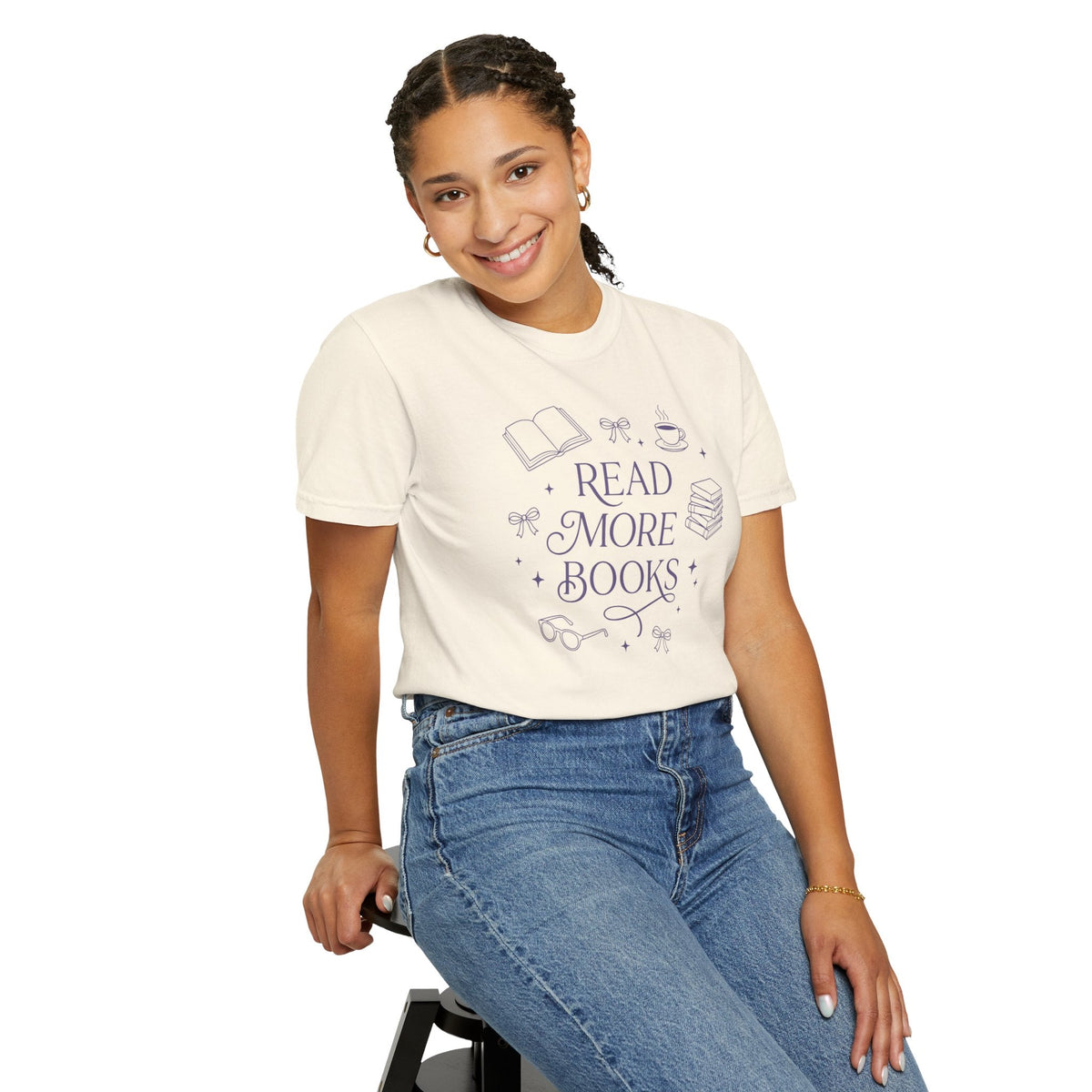 Wicked Thread Society cream cotton graphic tee with Read More Books illustration worn by a smiling woman in jeans