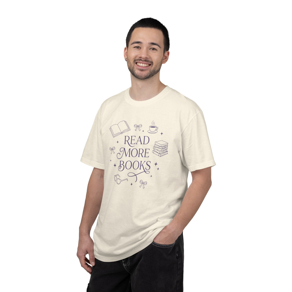 Wicked Thread Society cream heavyweight cotton t-shirt with a purple Read More Books graphic print on a smiling man.