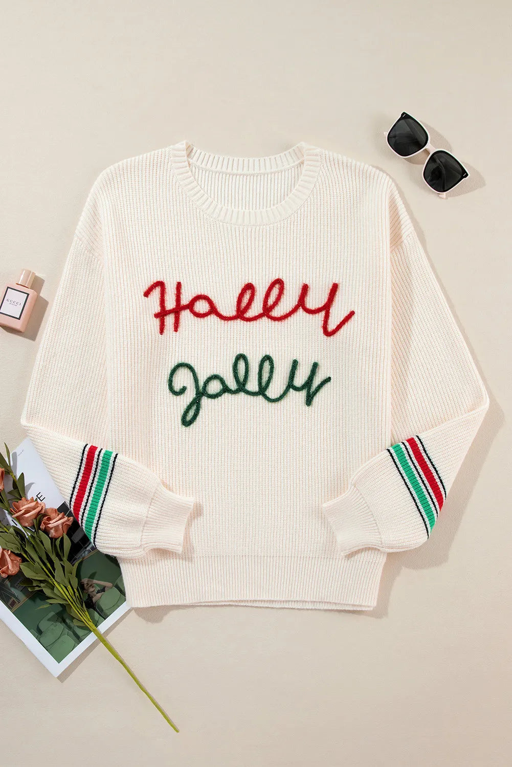 Wicked Thread Society cream long sleeve sweater with Holly Jolly embroidery and striped cuffs