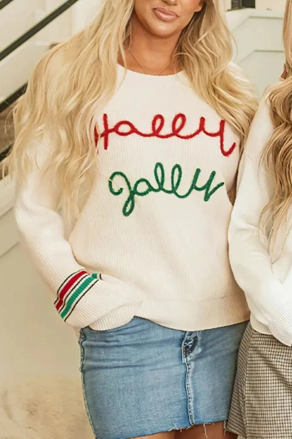 Wicked Thread Society cream long sleeve sweater with Holly Jolly text in red and green and striped cuffs