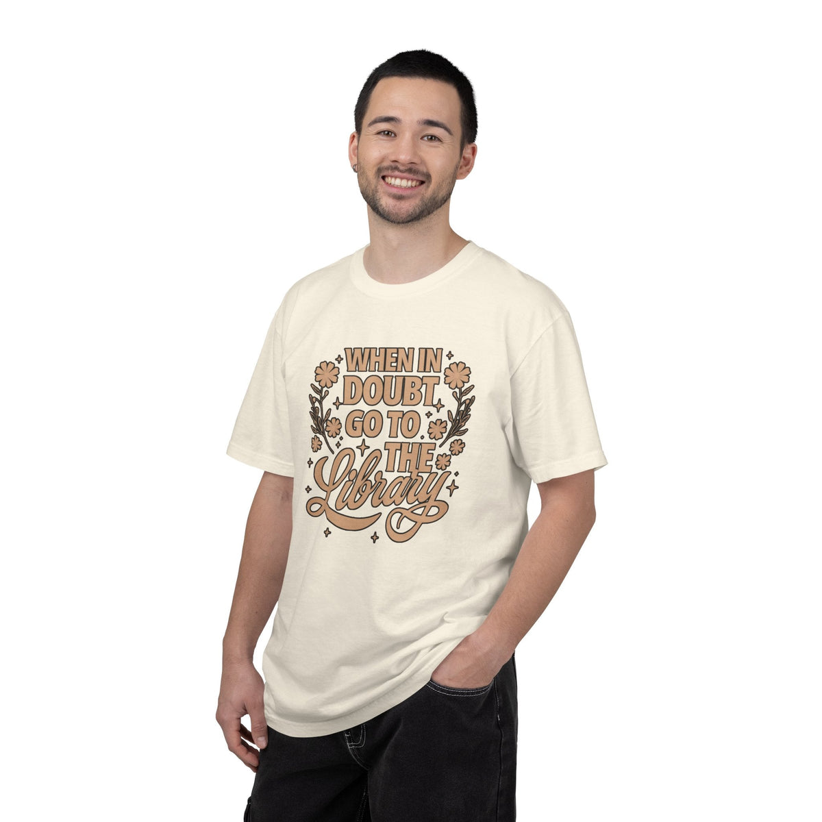 Wicked Thread Society cream graphic tee with When in Doubt Go to the Library text and floral design on a man