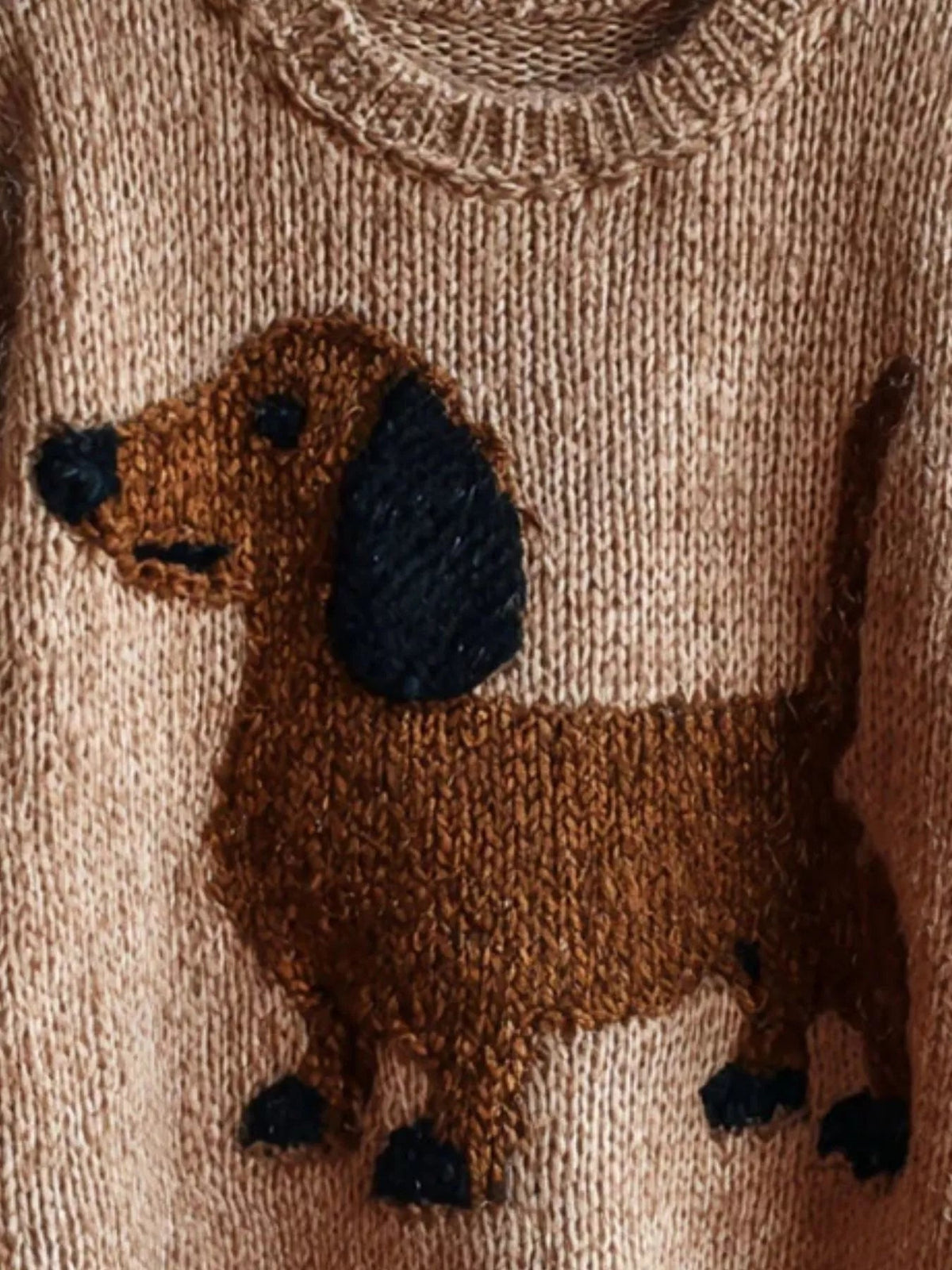 Wicked Thread Society beige knit sweater featuring a brown and black dachshund dog graphic with dropped shoulders