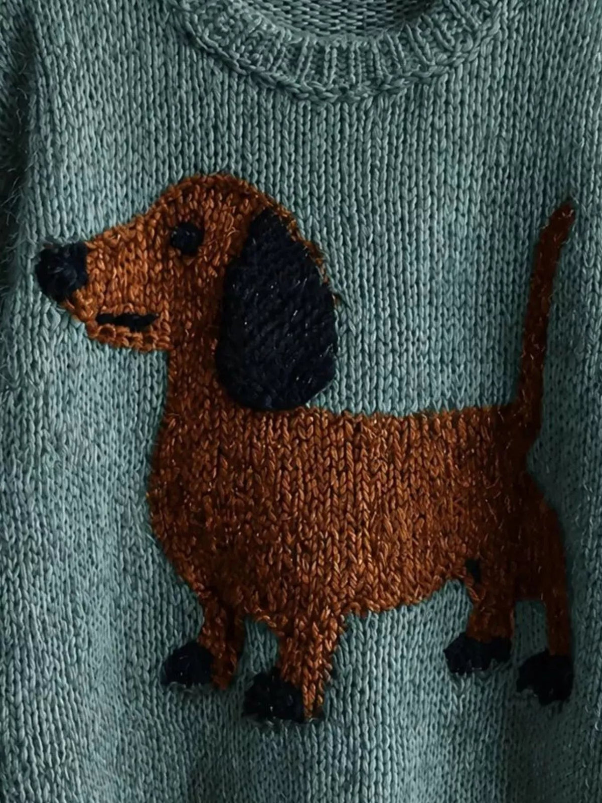 Wicked Thread Society sage green sweater featuring a textured brown and black dachshund dog knit design