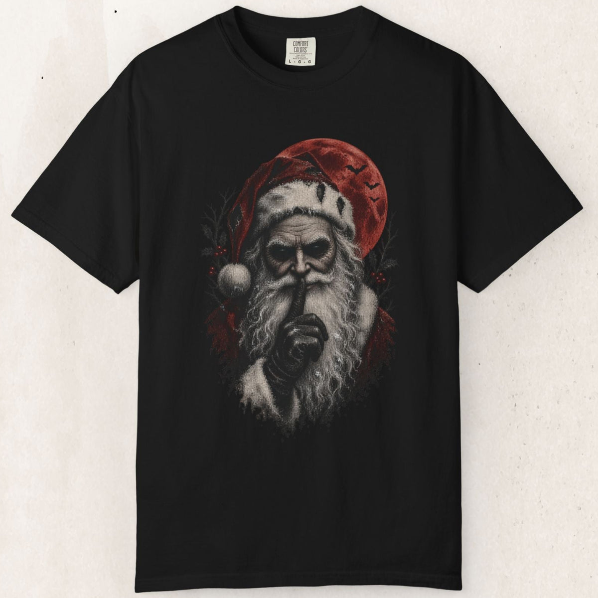 Wicked Thread Society black heavyweight cotton t-shirt featuring a dark Santa graphic with a red moonlit halo.