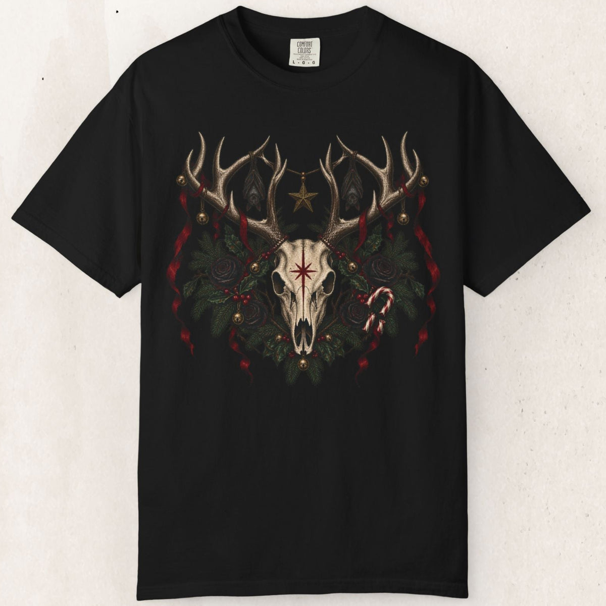 Wicked Thread Society black heavyweight cotton t-shirt featuring a deer skull and holiday wreath graphic print.