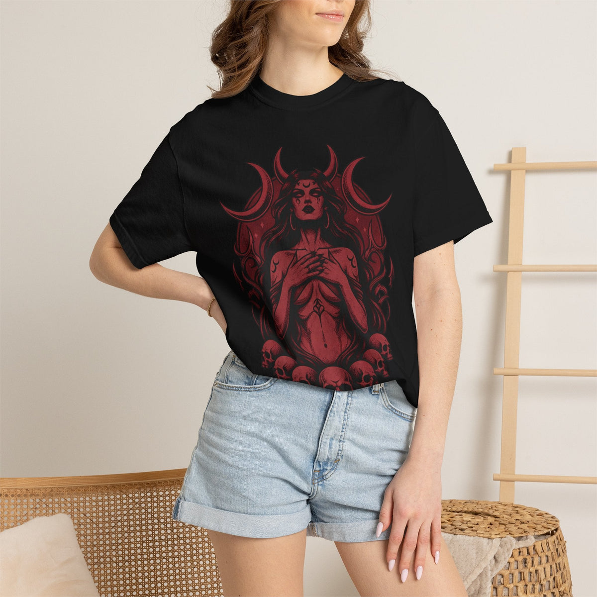 Wicked Thread Society black unisex t-shirt featuring a red occult demon goddess graphic with skulls and lunar phases.