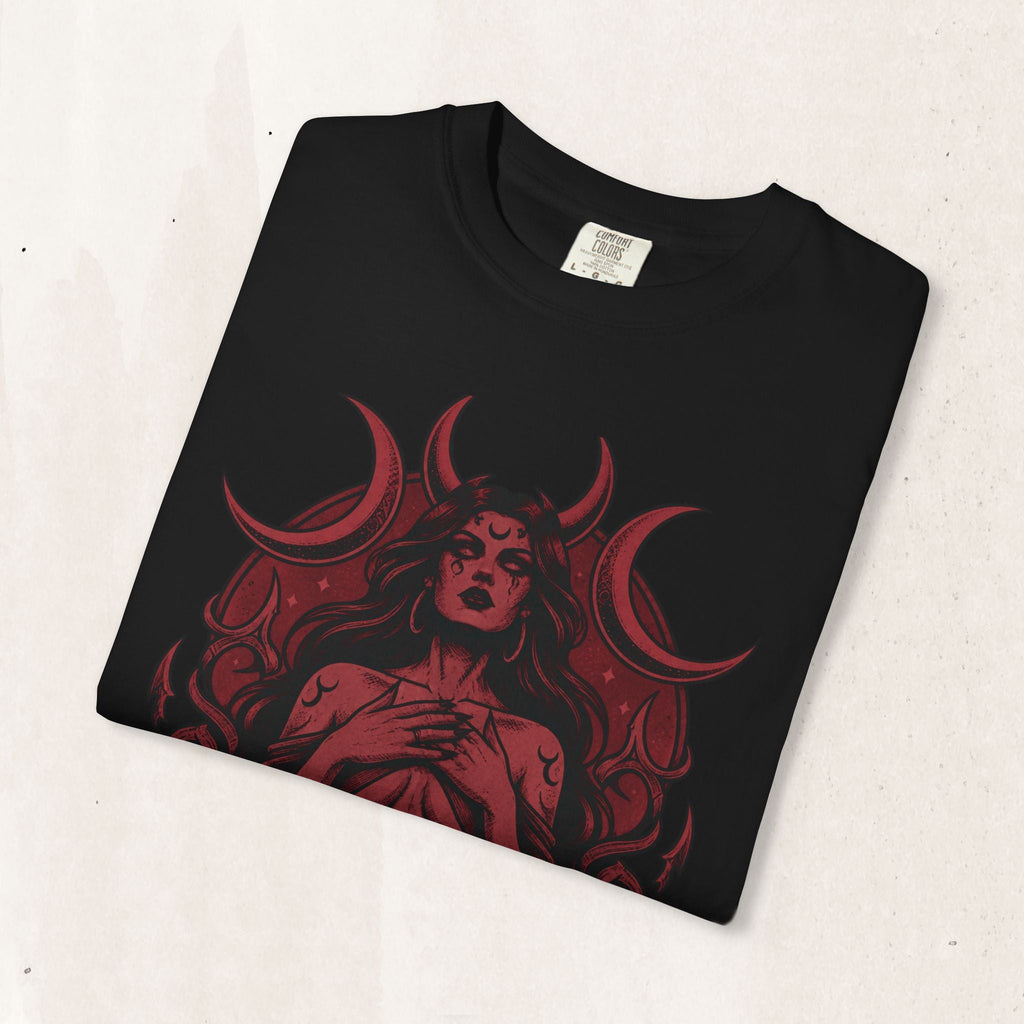 Wicked Thread Society black unisex t-shirt featuring a crimson red occult demon goddess graphic with lunar phases.