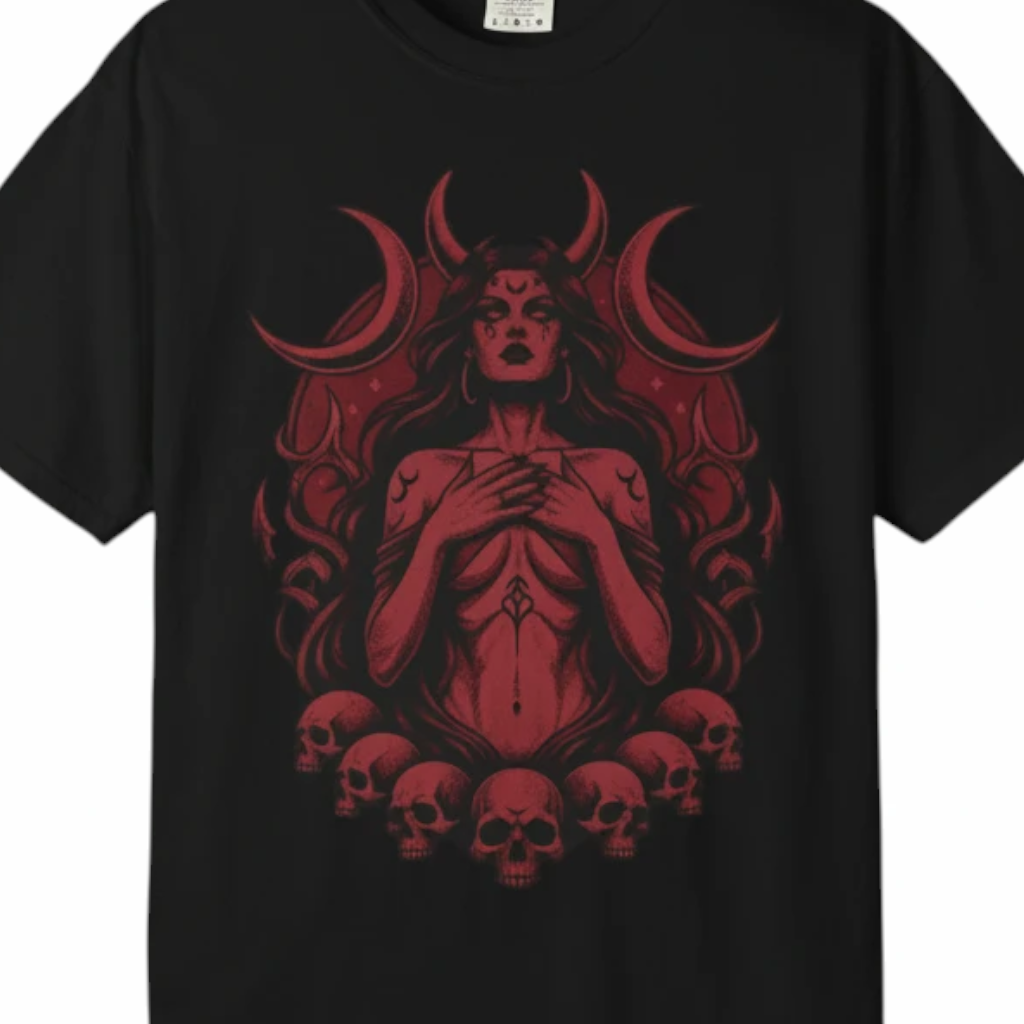 Wicked Thread Society black unisex t-shirt featuring a red demon goddess graphic with skulls and lunar phases.