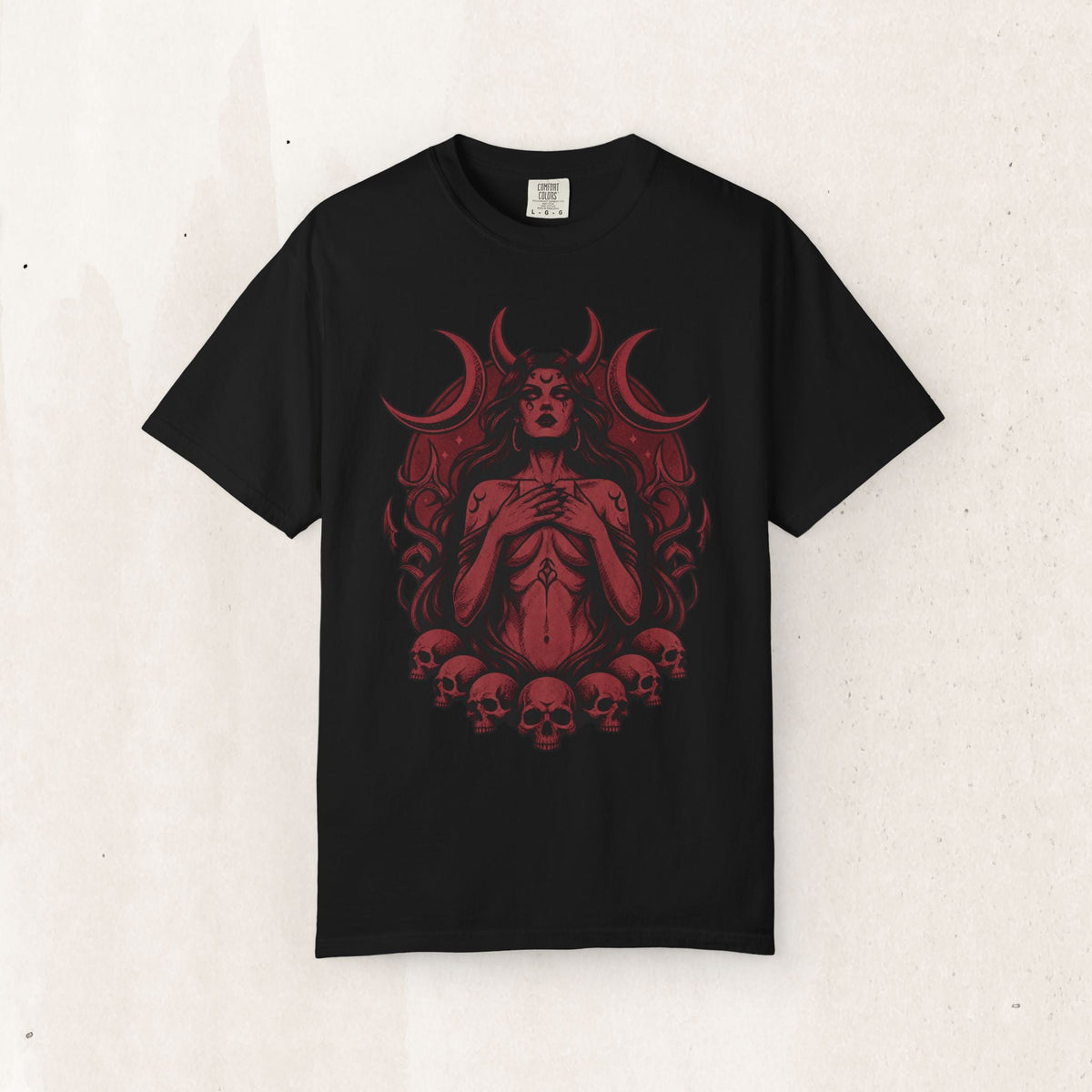 Wicked Thread Society black unisex t-shirt featuring a red occult demon goddess graphic with skulls and lunar phases.