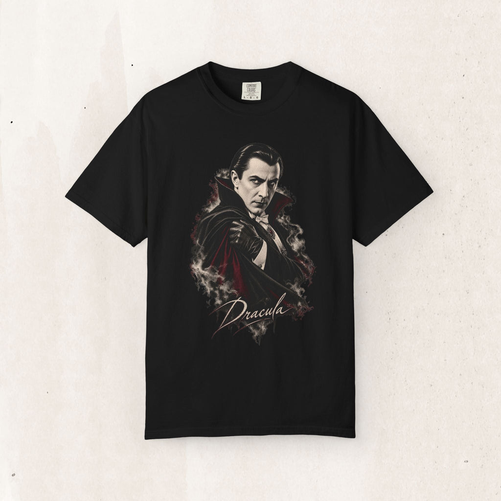 Wicked Thread Society black crew neck t-shirt featuring a detailed cinematic Dracula portrait with smoky accents.