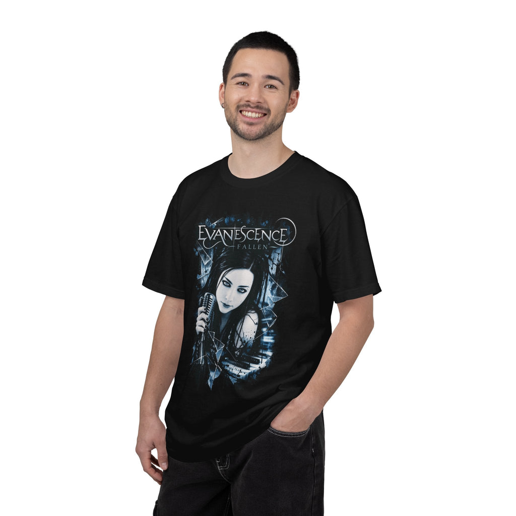 Wicked Thread Society black heavyweight cotton Evanescence band t-shirt with gothic graphic print on a smiling man