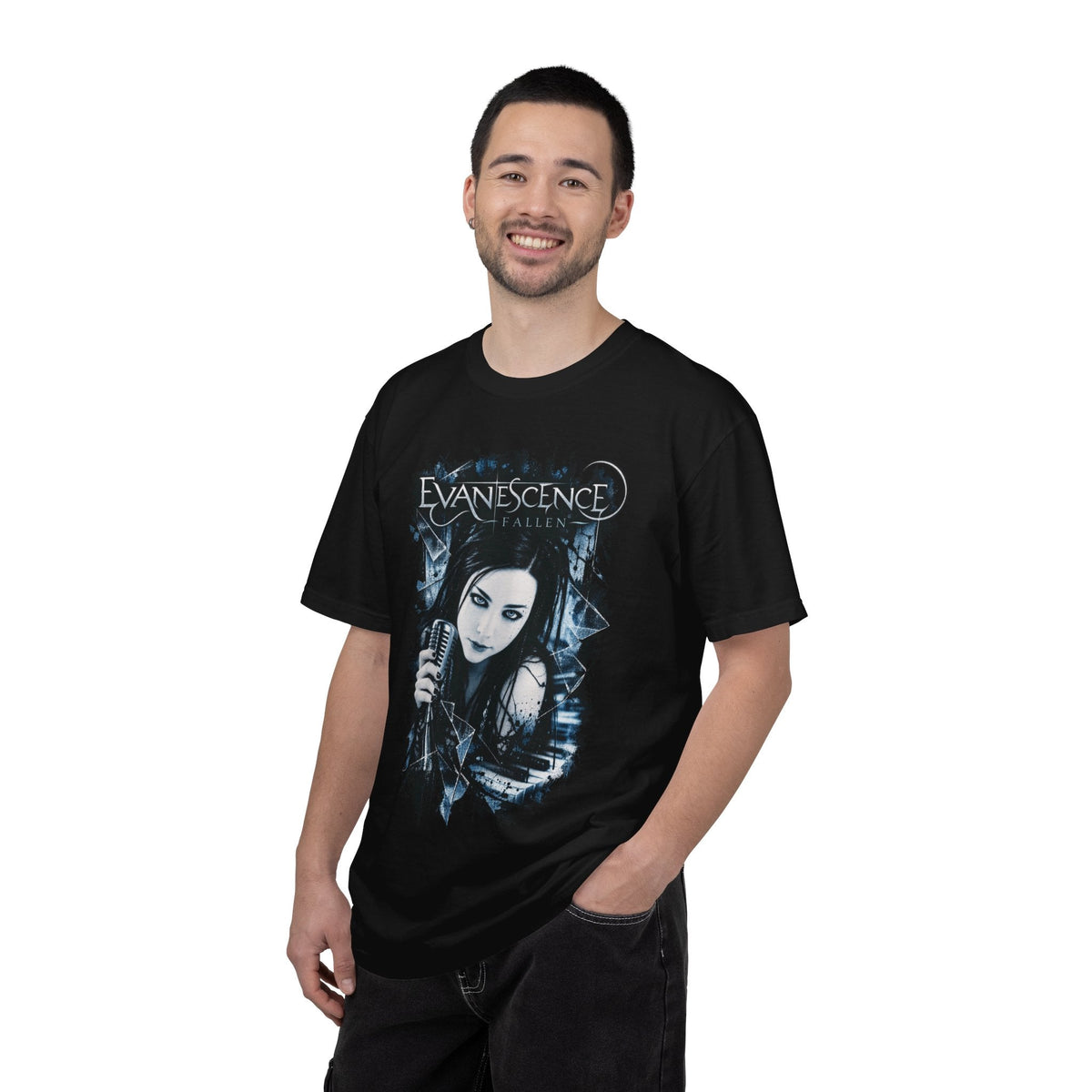 Wicked Thread Society black heavyweight cotton Evanescence band t-shirt with gothic graphic print on a smiling man