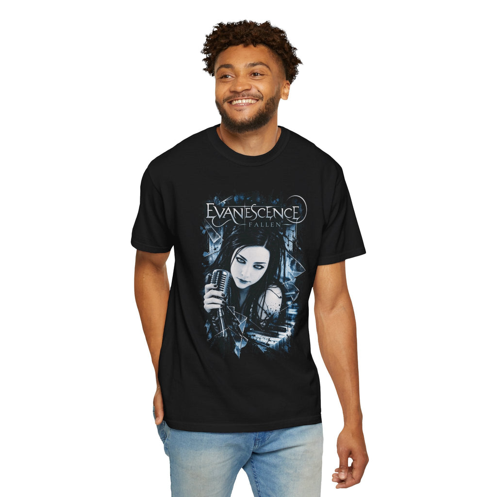 Wicked Thread Society black heavyweight cotton Evanescence band t-shirt with gothic graphic print on a smiling man.