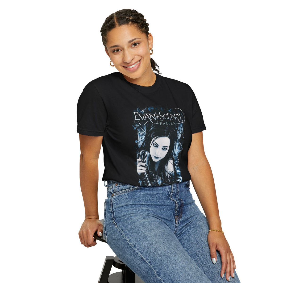 Wicked Thread Society black Evanescence Fallen graphic band tee worn by a smiling woman with blue-toned artwork