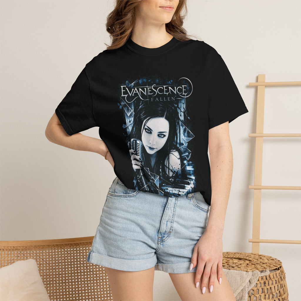 Wicked Thread Society black heavyweight cotton Evanescence band t-shirt with gothic graphic print on a woman