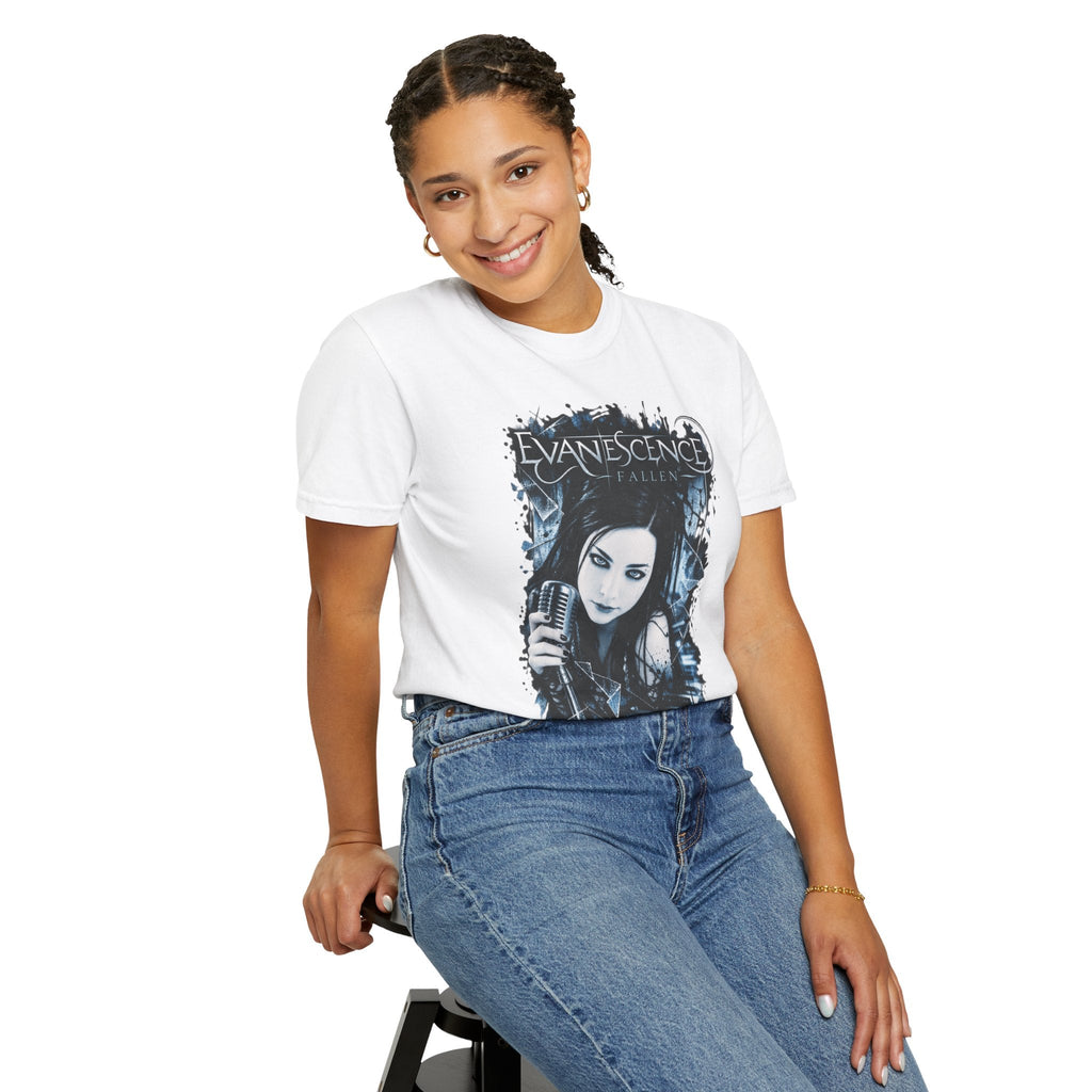 Wicked Thread Society white Evanescence Fallen band t-shirt worn by a smiling woman with braided hair.
