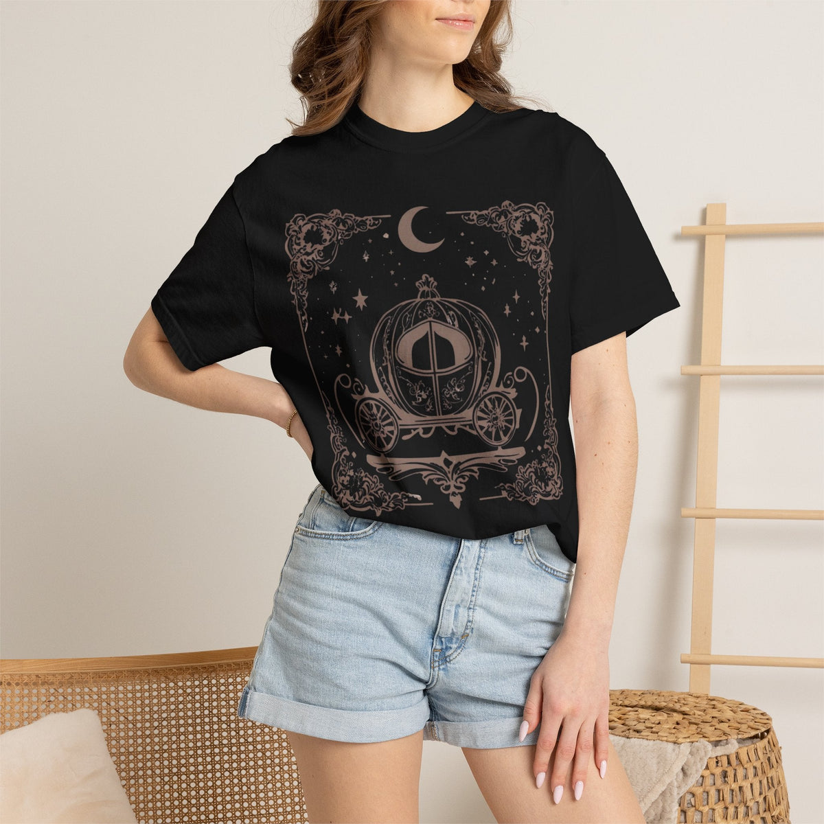 Wicked Thread Society black heavyweight cotton t-shirt featuring a whimsical vintage fairy tale carriage illustration