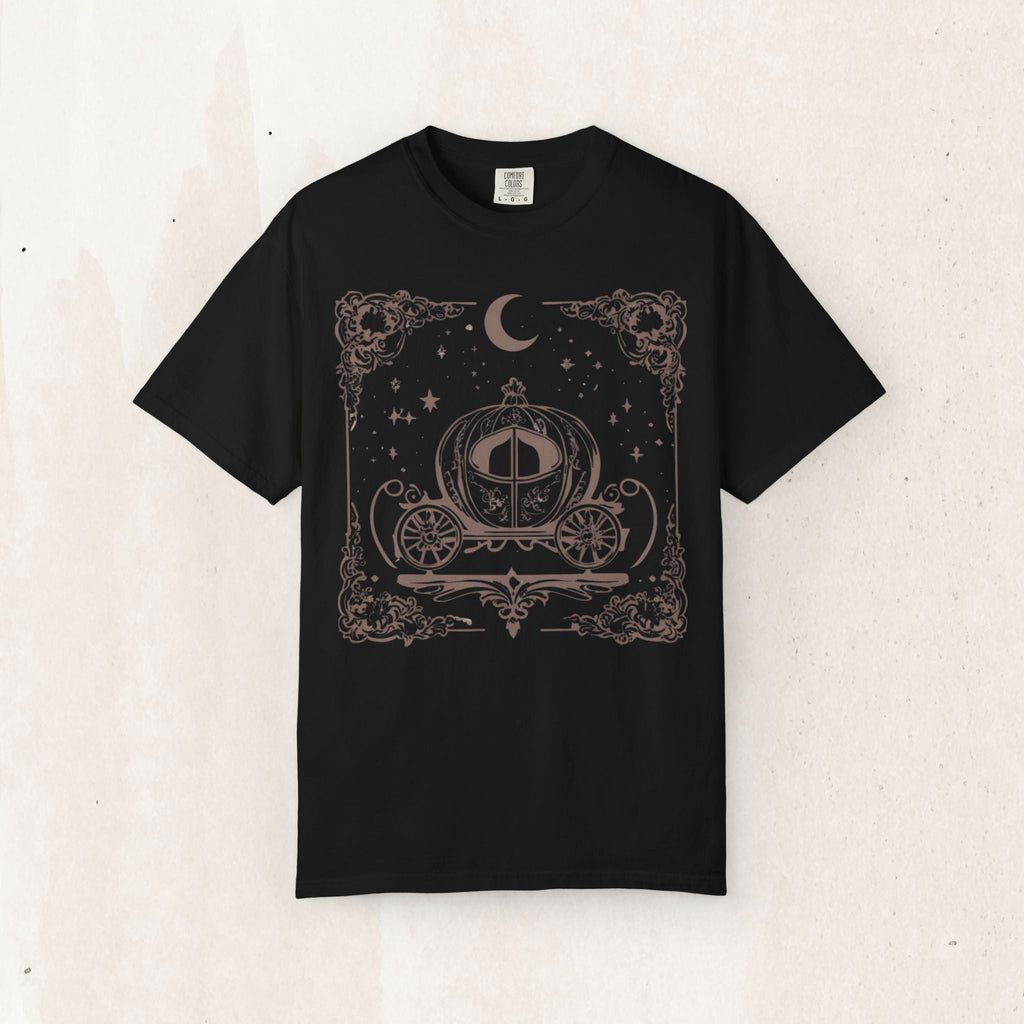 Wicked Thread Society black heavyweight cotton t-shirt featuring a vintage fairy tale carriage graphic in soft pink.
