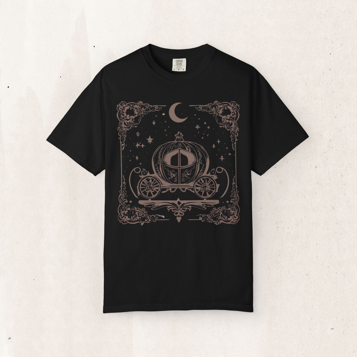 Wicked Thread Society black heavyweight cotton t-shirt featuring a vintage fairy tale carriage graphic in soft pink.