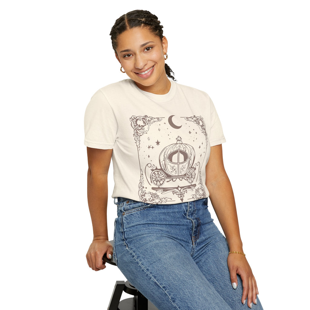 Wicked Thread Society vintage-style cream cotton t-shirt featuring a whimsical fairy tale carriage graphic print.
