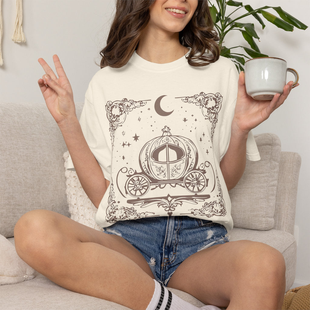 Wicked Thread Society cream heavyweight cotton t-shirt featuring a vintage fairy tale carriage illustration