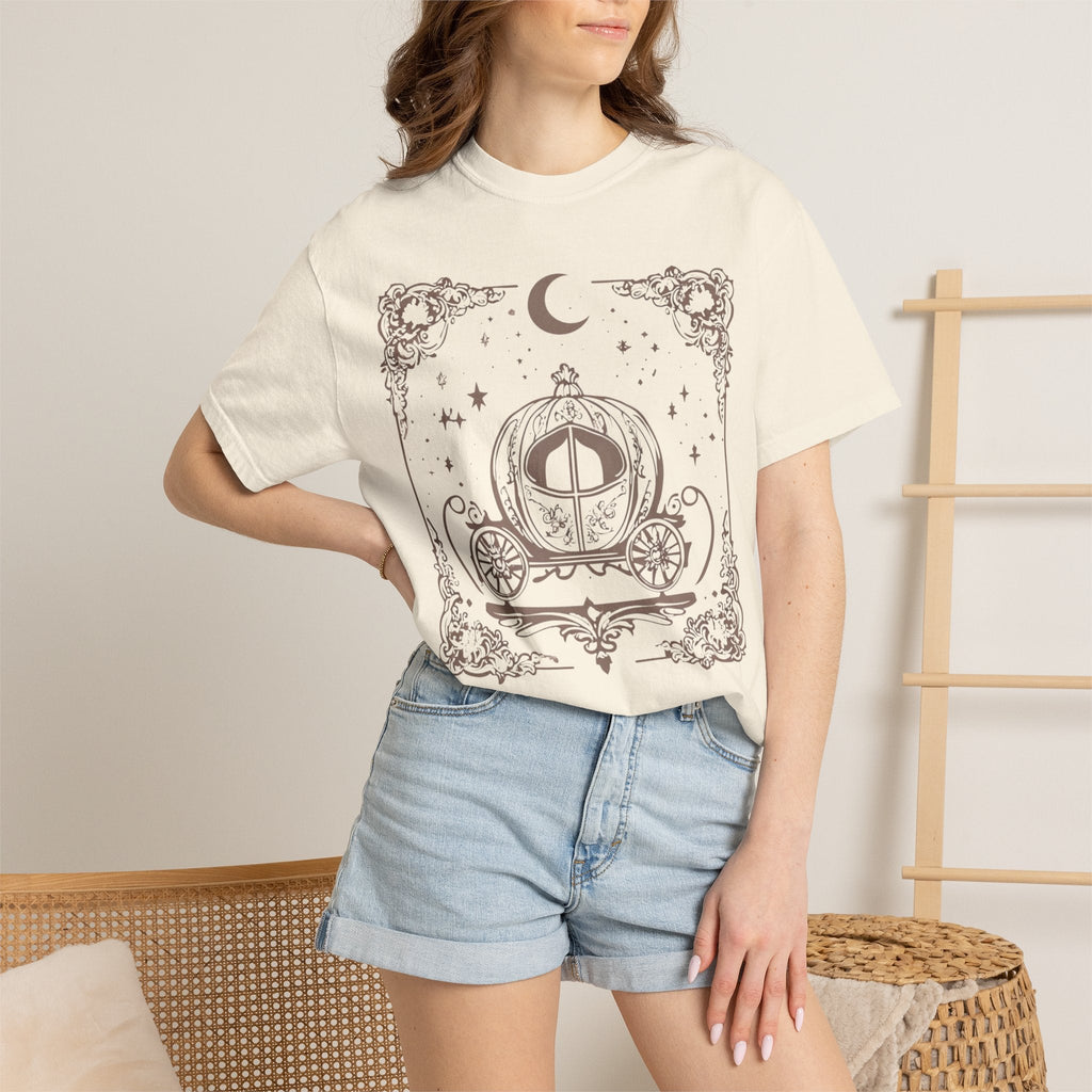 Wicked Thread Society cream heavyweight cotton t-shirt featuring a vintage fairy tale carriage graphic print.