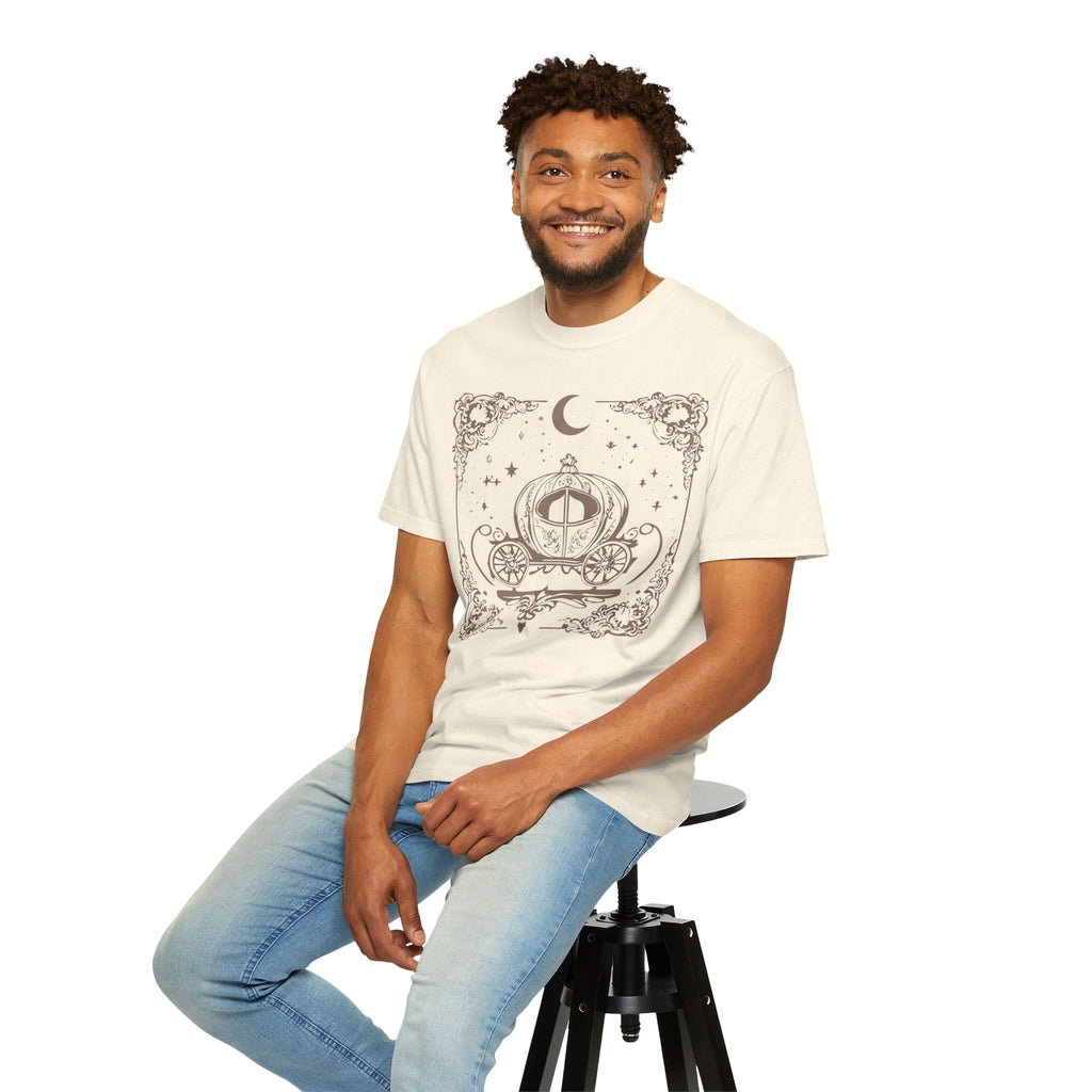 Wicked Thread Society vintage-style cream t-shirt with a whimsical fairy tale carriage illustration on a smiling man.