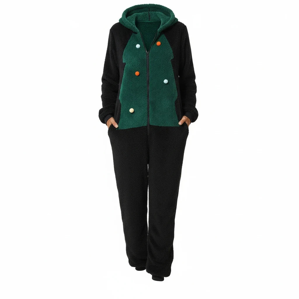 Wicked Thread Society plush fleece lounge jumpsuit in black and green with a Christmas tree design and pom-poms.