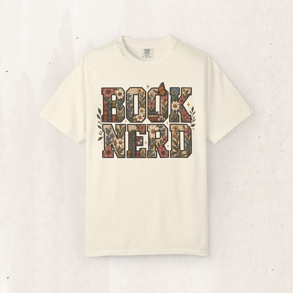 Wicked Thread Society cream crew neck tee with floral BOOK NERD graphic print featuring butterflies and book motifs.