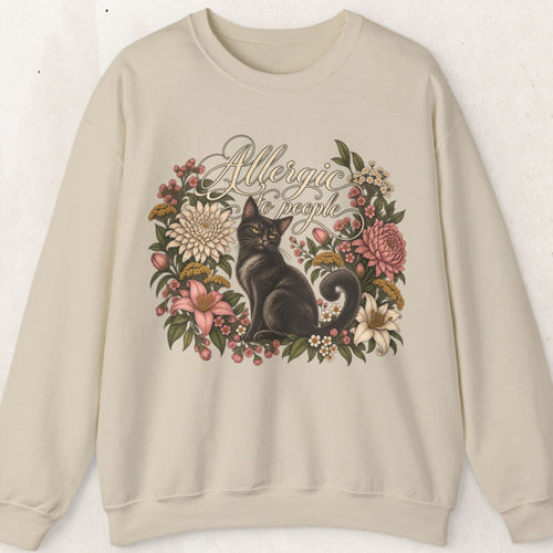 Wicked Thread Society beige crewneck sweatshirt featuring a black cat surrounded by vintage floral illustrations.