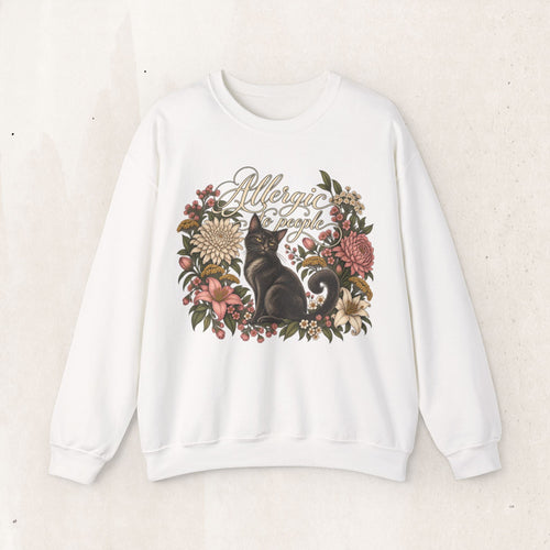 Wicked Thread Society white crewneck sweatshirt featuring a black cat illustration surrounded by vintage floral art.