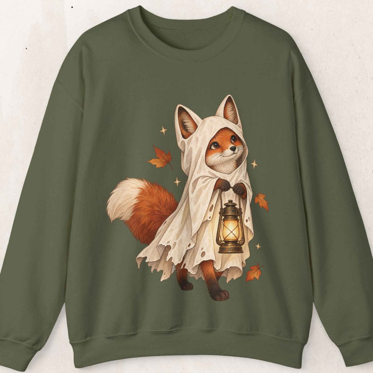 Autumn Lantern Fox Crewneck Sweatshirt – Military Green