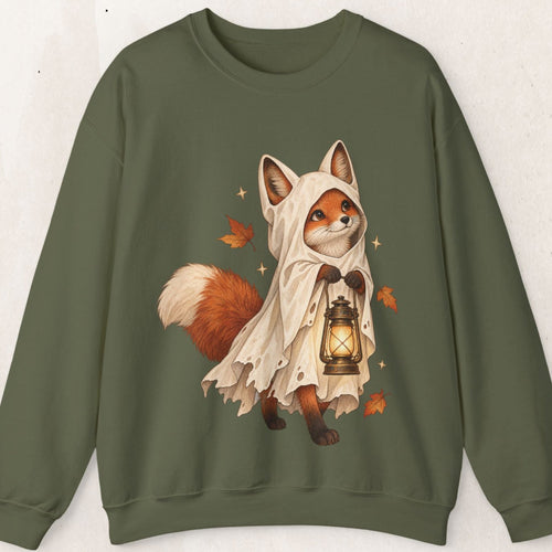 Wicked Thread Society olive green crewneck sweatshirt featuring a cute fox in a ghost cloak holding a lantern.