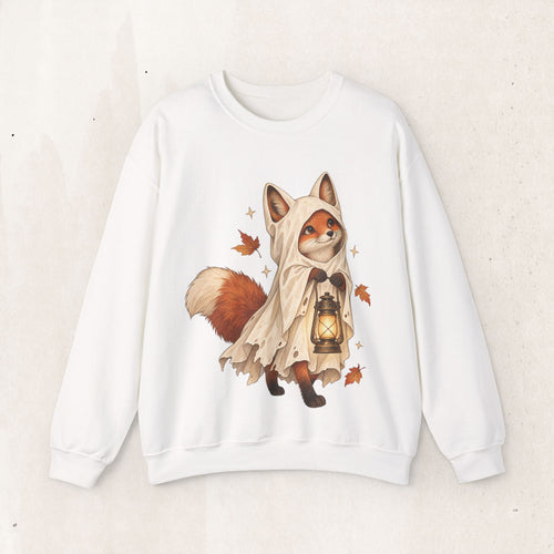 Wicked Thread Society white crewneck sweatshirt featuring a cute fox in a ghost cloak holding a glowing lantern.