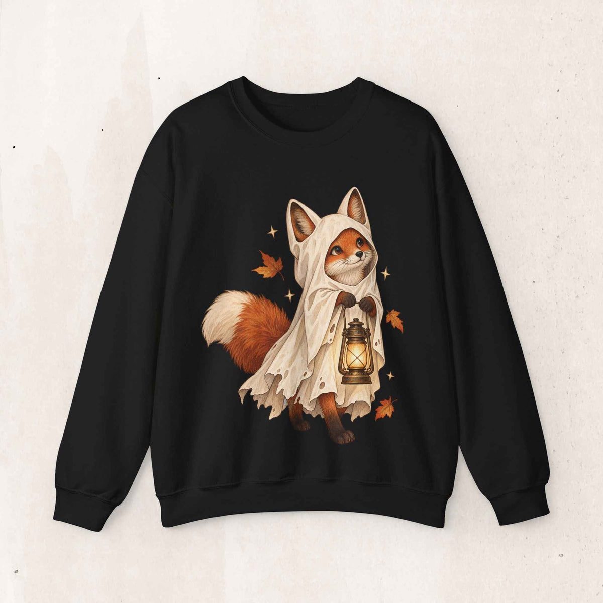 Autumn Lantern Fox Crewneck Sweatshirt – Black