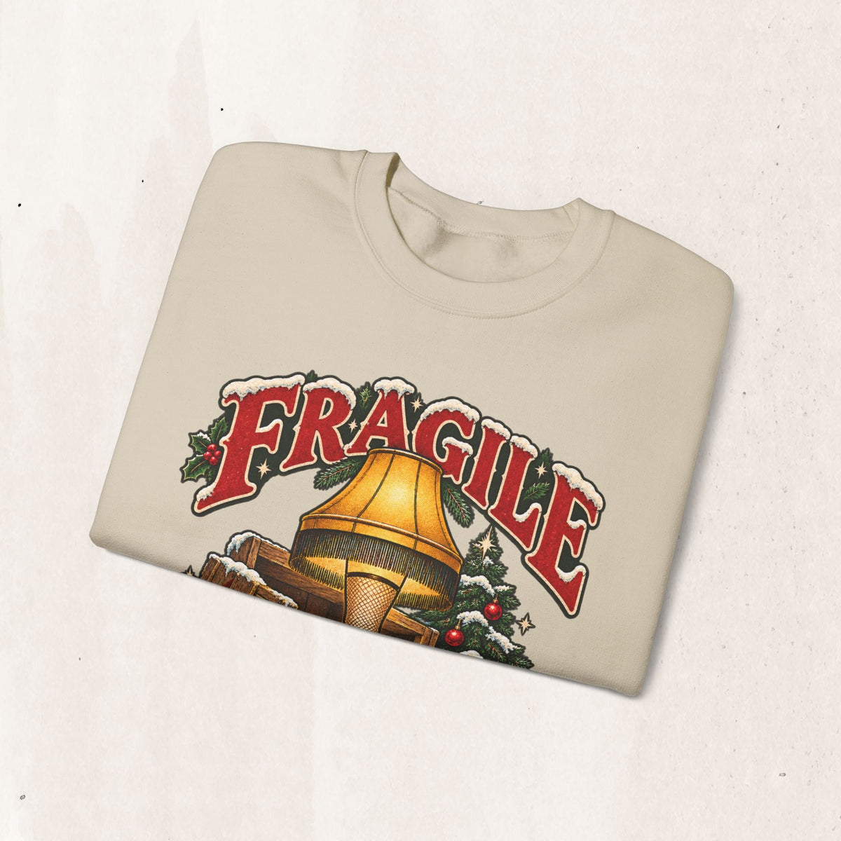 Wicked Thread Society white crewneck sweatshirt featuring a vintage A Christmas Story leg lamp graphic with Fragile text.