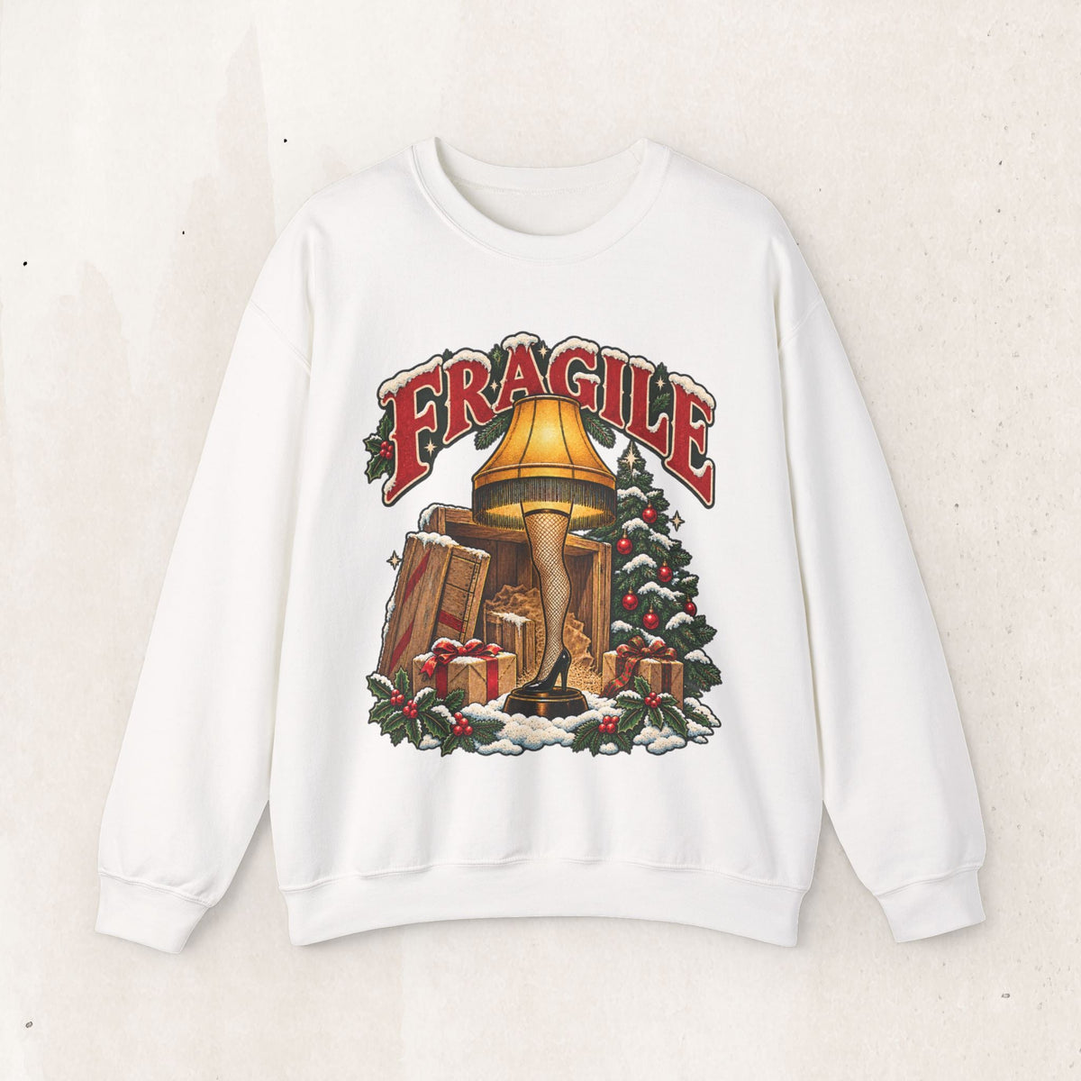 Wicked Thread Society white crewneck sweatshirt featuring a vintage A Christmas Story leg lamp graphic with FRAGILE.