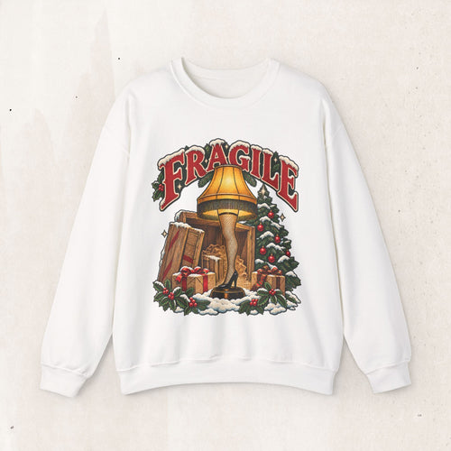 Wicked Thread Society white crewneck sweatshirt featuring a vintage A Christmas Story leg lamp graphic with FRAGILE.