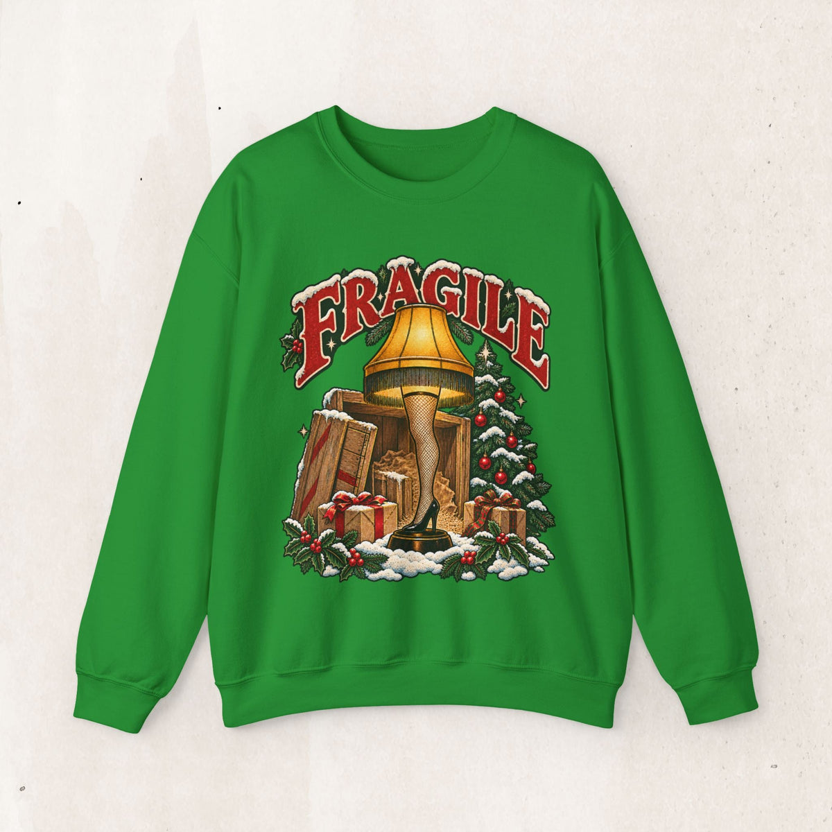 Wicked Thread Society green crewneck sweatshirt featuring a vintage A Christmas Story leg lamp graphic with Fragile text