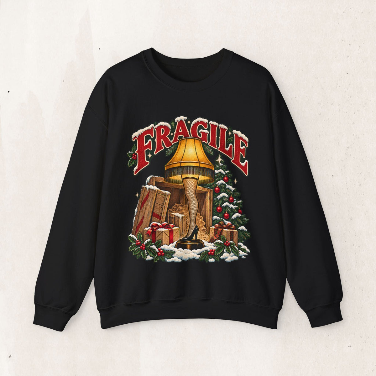 Wicked Thread Society black crewneck sweatshirt featuring a vintage A Christmas Story leg lamp graphic with Fragile text
