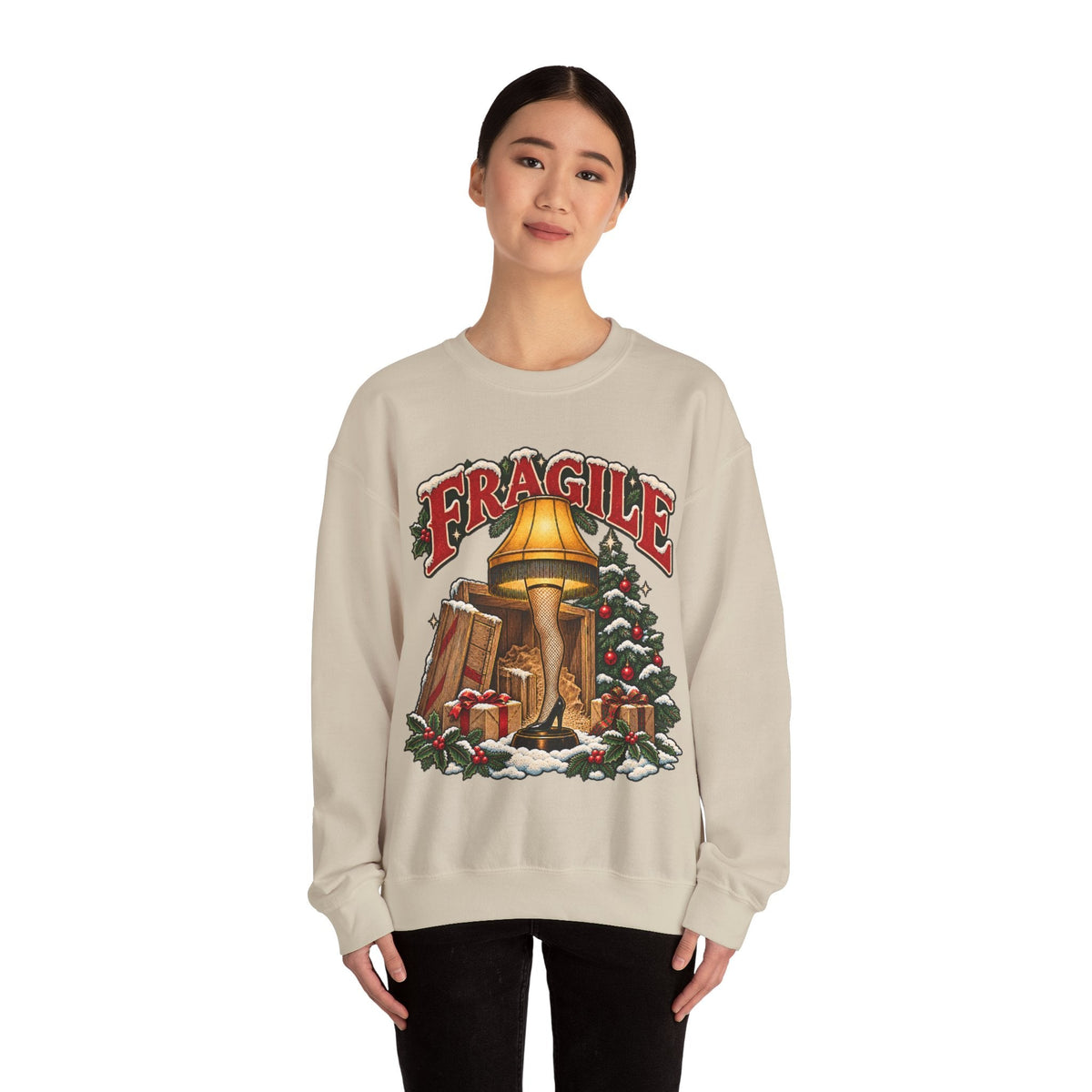 Wicked Thread Society crewneck sweatshirt in off-white featuring a vintage A Christmas Story leg lamp graphic