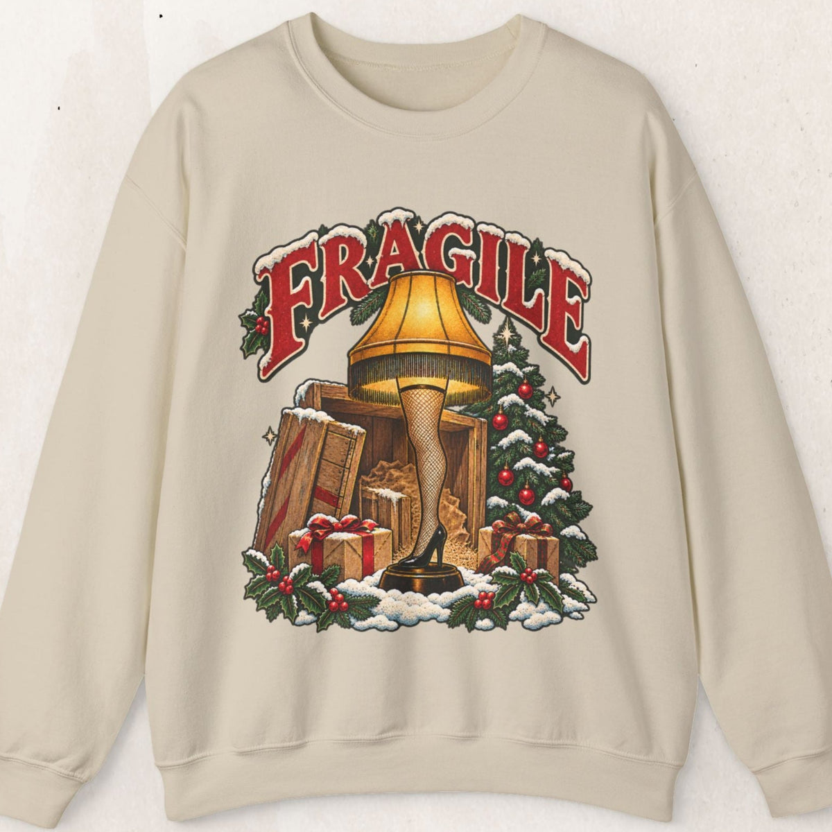 Wicked Thread Society crewneck sweatshirt in off-white featuring a vintage A Christmas Story leg lamp graphic.