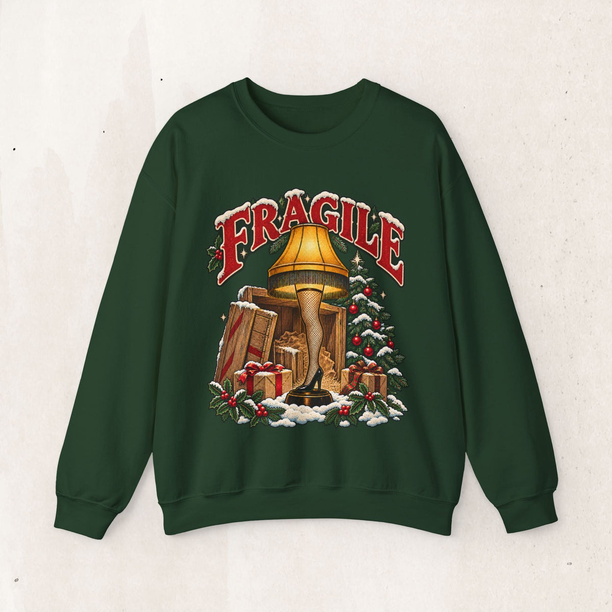 Wicked Thread Society dark green crewneck sweatshirt featuring a vintage A Christmas Story leg lamp graphic.