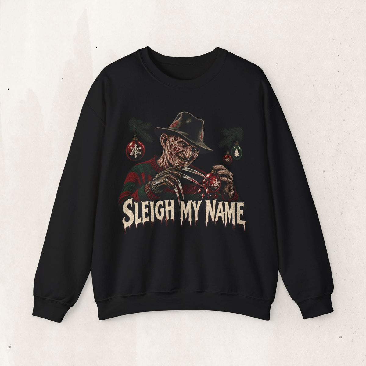 Wicked Thread Society black crewneck sweatshirt featuring a Freddy Krueger Christmas graphic and Sleigh My Name text.