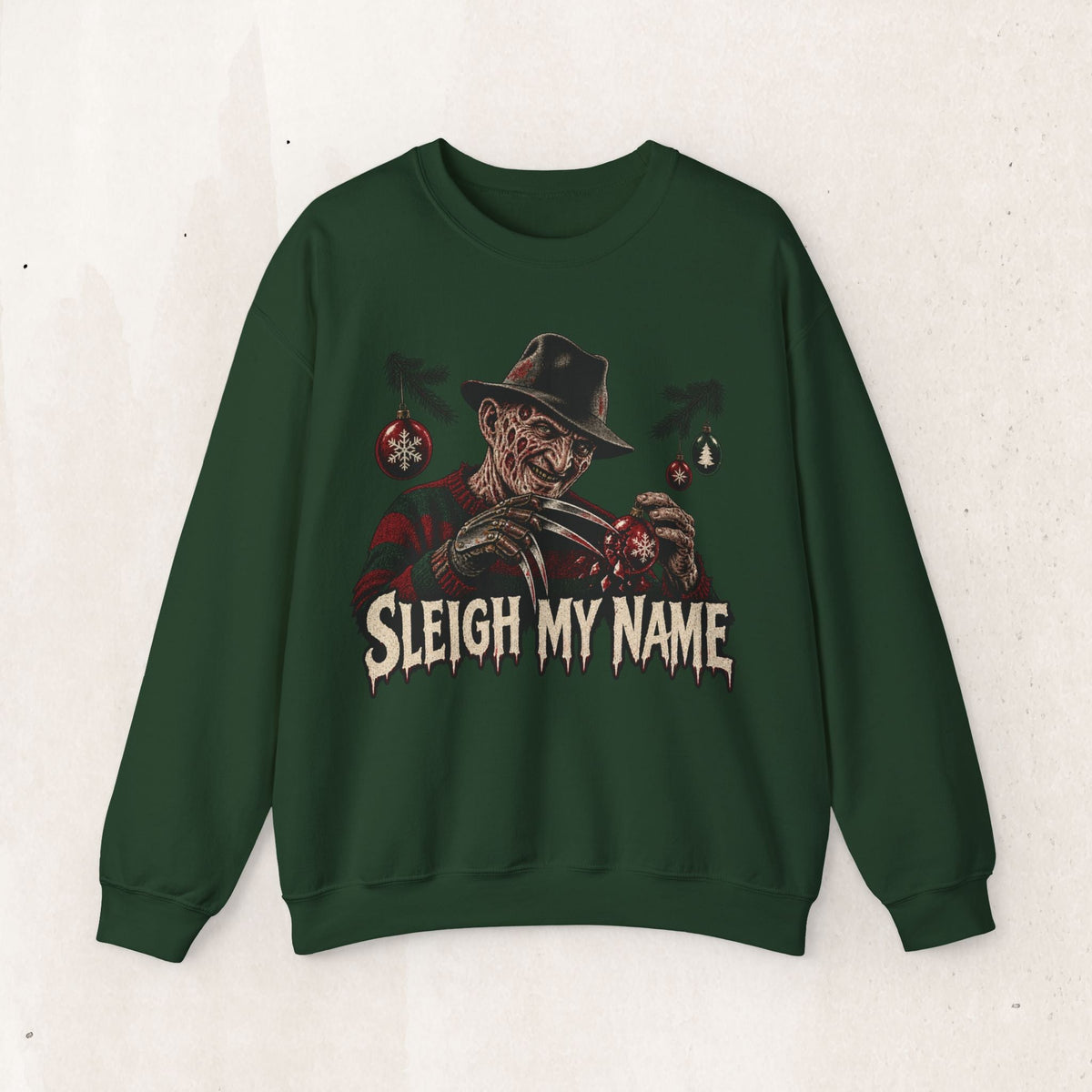 Wicked Thread Society dark green crewneck sweatshirt featuring a Freddy Krueger Christmas graphic and Sleigh My Name