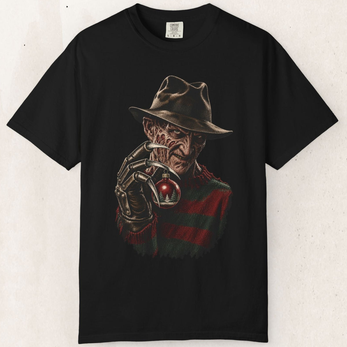 Wicked Thread Society black heavyweight cotton t-shirt featuring a vintage-style Freddy Krueger Christmas graphic