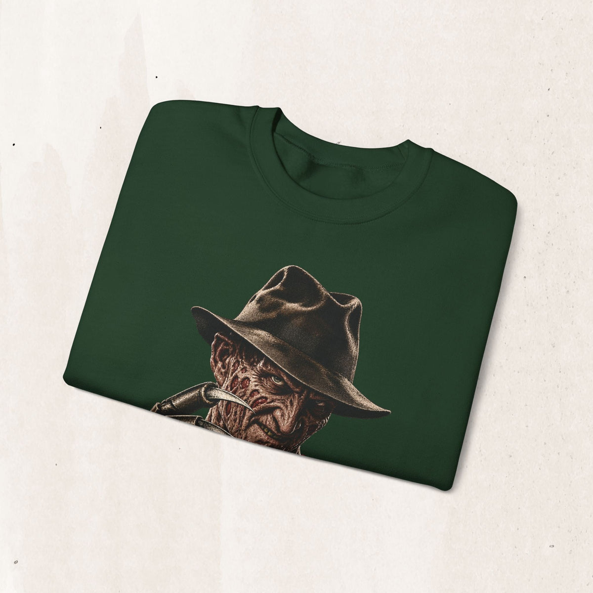Wicked Thread Society dark green crewneck sweatshirt featuring a detailed graphic of Freddy Krueger in his fedora.