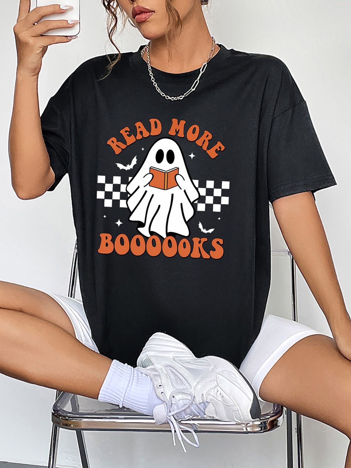 Reading Ghost Oversized Tee – Bookish Halloween Shirt – Black