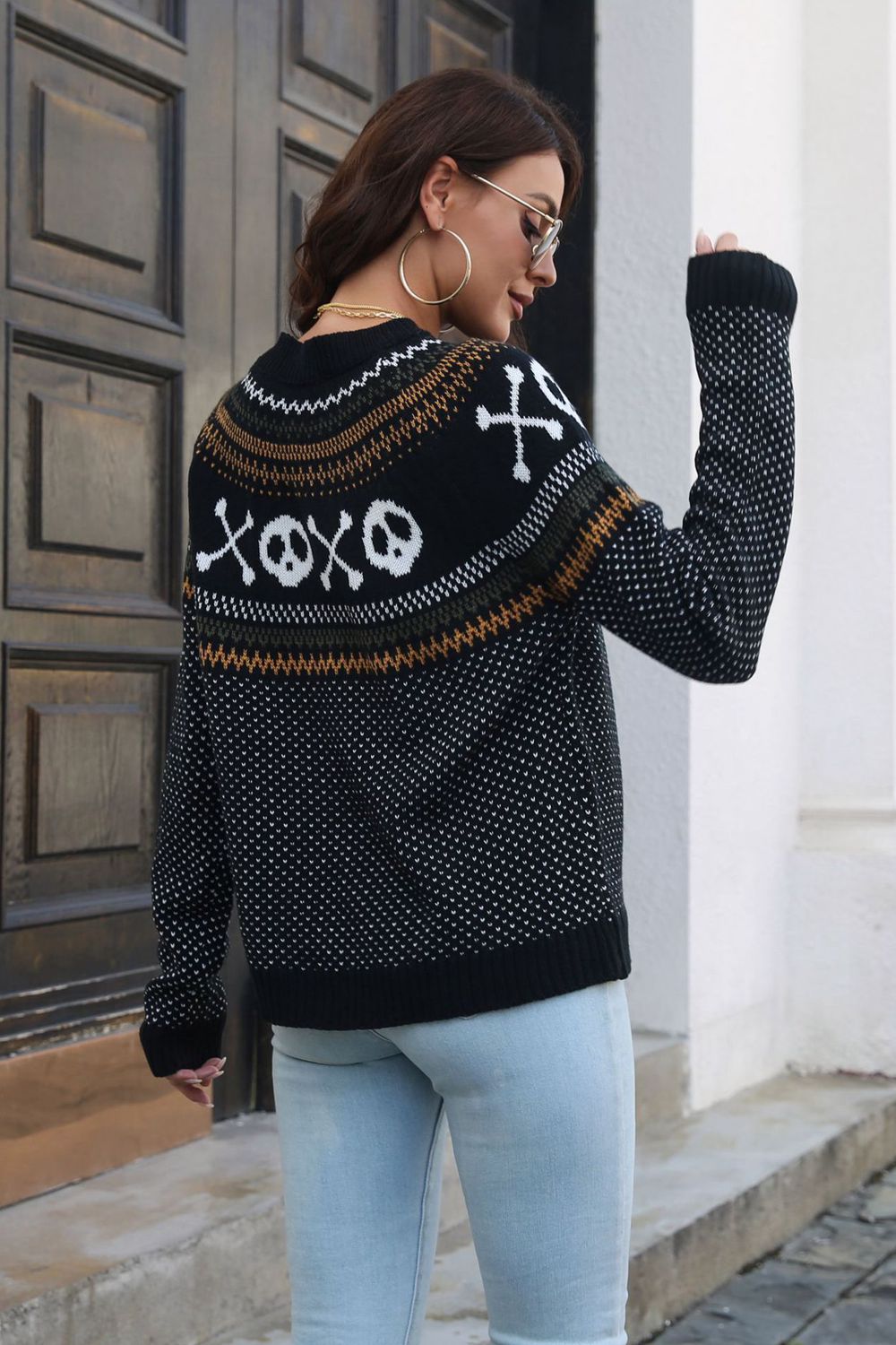 Wicked Thread Society black acrylic sweater with white ghost and XOXO pattern, round neck and long sleeves